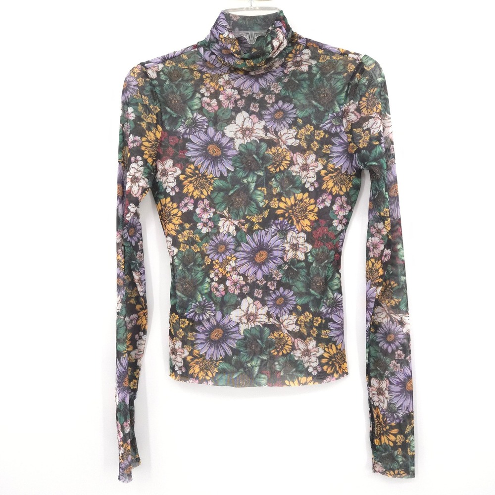 AFRM Zadie Mesh Turtleneck Top Womens Small Multicolor Floral Long Sleeve Sheer